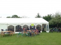 Rally headquarters, with our green Bike Friday Twin Air Q parked out front.
